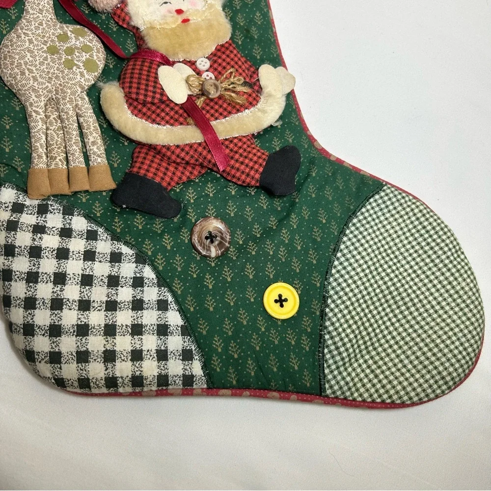 Vintage Handmade 3D Quilted Grandmacore‎ Country House Santa & Reindeer Stocking